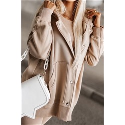Beige Solid Color Pocketed Button Up Loose Hoodie