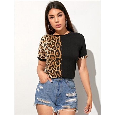 SHEIN Контрастная футболка с леопардовым принтом