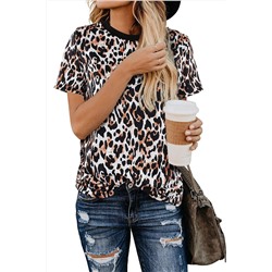 Леопардово-белая блуза с круглым вырезом и короткими рукавами