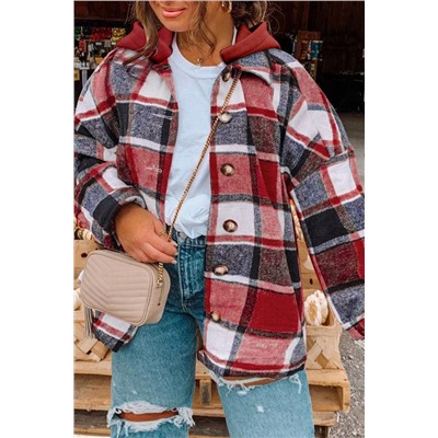 Red Printed Plus Size Plaid Button up Hooded Jacket