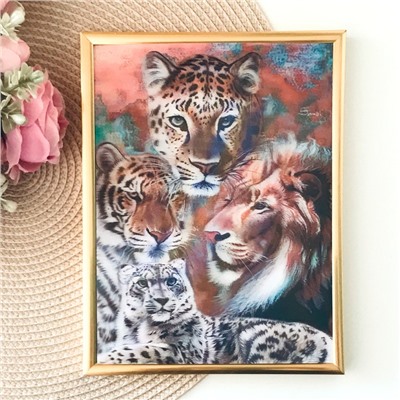 3Д картинка "Большие кошки" 14,5 х 19,5 см х Ж-0017, голографическая открытка с изображением леопарда, льва, тигра и барса, без рамки