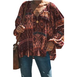Кирпичная блуза-крестьянка с длинными рукавами и цветочным узором