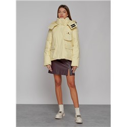 Зимняя женская куртка модная с капюшоном светло-желтого цвета 52413SJ