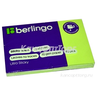 Самоклеящийся блок Berlingo "Ultra Sticky", 50*75мм, 80л, зеленый неон