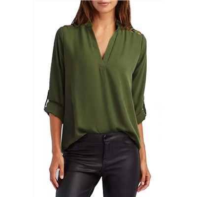 Зеленая блуза со шнуровкой на плечах и хлястиками на рукавах