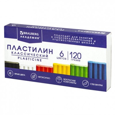 Пластилин классический Brauberg (Брауберг) Академия, со стеком, 6 цветов, 120 г