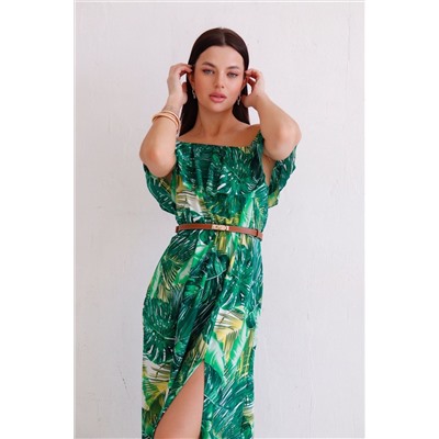12329 Платье-кармен с тропическим принтом зелёное