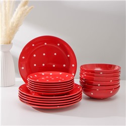 Набор тарелок керамический Доляна «Красный горох», 18 предметов: 6 тарелок d=19 см, 6 тарелок d=27 см, 6 мисок d=19 см цвет красный
