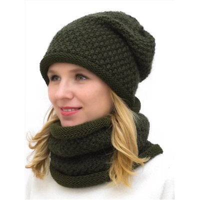 Комплект зимний женский шапка+снуд Даяна (Цвет зеленый), размер 56-58, шерсть 50%