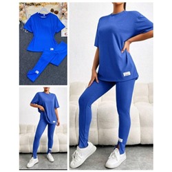 Костюм Size Plus лапша футболка и брюки с разрезом по низу синий M29 0224