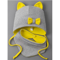 Шапка трикотажная для девочки, кошачьи ушки, на завязках, бантик + нагрудник, желтый с серым