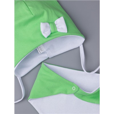 Шапка трикотажная для девочки, кошачьи ушки, на завязках, бантик + нагрудник, белый с зеленым