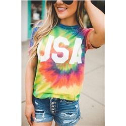 Разноцветная футболка с ярким красочным принтом и надписью: USA