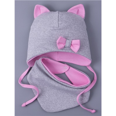 Шапка трикотажная для девочки, кошачьи ушки, на завязках, бантик + нагрудник, розовый с серым