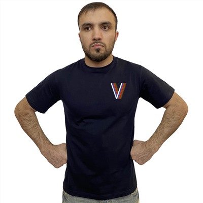 Тёмно-синяя футболка с термотрансфером V, (тр. №67)