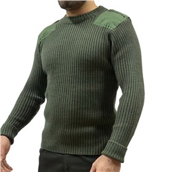 Армейский свитер вязаный оливковый, - натуральная шерсть 80%, акрил 20%, с тканевым усилением на плечах и локтях, фальшпогоны №494