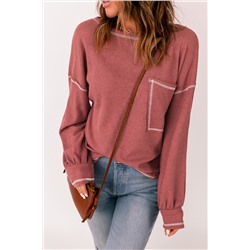 Contrast Stitching Trim Waffle Knit Pullover