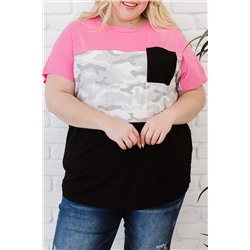 Розово-черная футболка плюс сайз с серым камуфляжным принтом