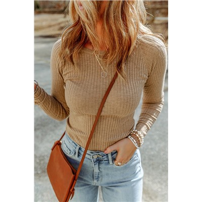 Apricot Ribbed Knit Round Neck Sweater