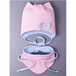 Шапка трикотажная для девочки с ушками на завязках, сбоку бантик + нагрудник, розовый