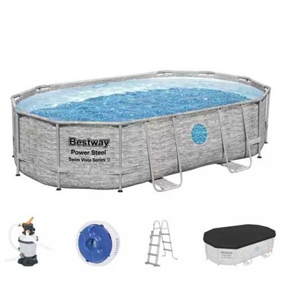 Каркасный бассейн Bestway 56946 488х305х107см "Ротанг" 7250л, песчаный фильтр-насос. 3028л/ч, лестница, тент, поплавок-дозатор.