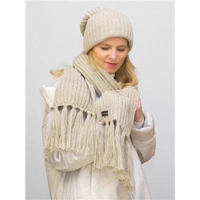 Комплект зимний женский шапка+шарф Анна (Цвет бежевый), размер 56-58, шерсть 30%