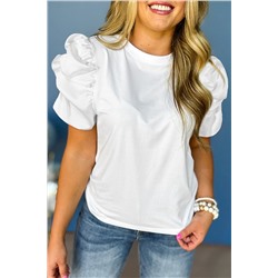 White Ruched Puff Sleeve Crew Neck Tee