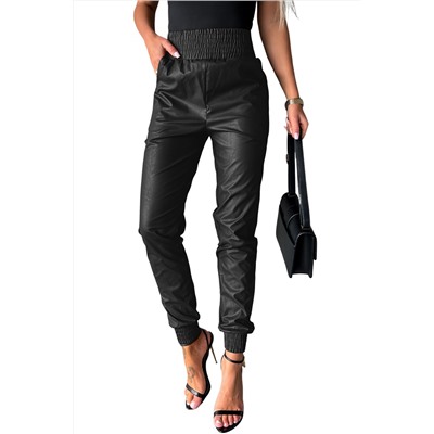 Black Smocked High-Waist Leather Skinny Pants
