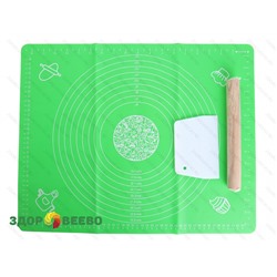 Силиконовый коврик для выпечки и раскатки теста, 40 х 50 см, зеленый, в комплекте скалка и нож