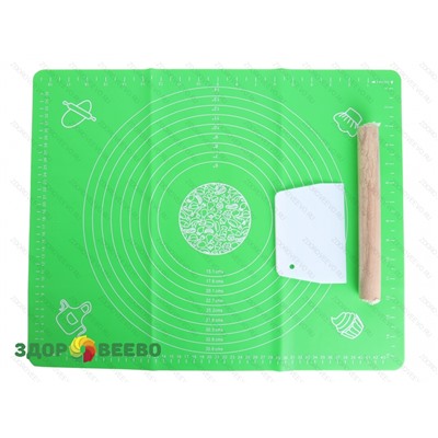 Силиконовый коврик для выпечки и раскатки теста, 40 х 50 см, зеленый, в комплекте скалка и нож