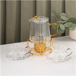Набор чайный из стекла «Блаженство», 6 предметов: чайник 600 мл, чаша 150 мл, блюдце d=12см, подставка 12×6,5 см