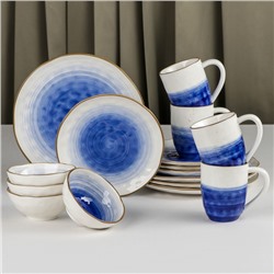 Набор посуды керамический Доляна «Космос», 16 предметов: 4 тарелки d=21 см, 4 тарелки d=27,5 см, 4 миски d=13 см, 4 кружки 400 мл, цвет синий