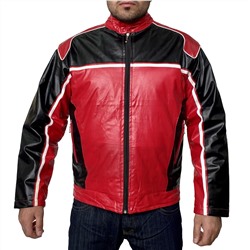Мужская байкерская куртка – черно-красная спортивная классика с белыми акцентами №511