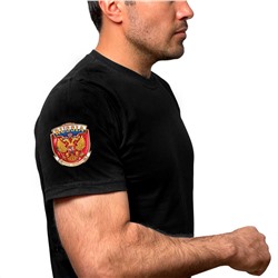 Чёрная футболка с термотрансфером Russia на рукаве