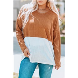 Brown V Neck Ribbed Knit Long Sleeve Top