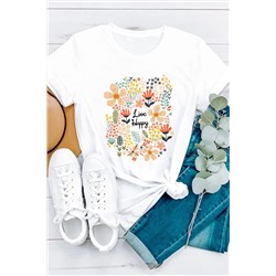 Белая футболка с разноцветным цветочным принтом и надписью: Live Happy