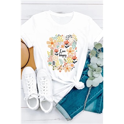Белая футболка с разноцветным цветочным принтом и надписью: Live Happy