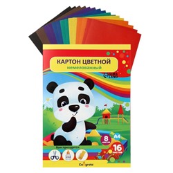 УЦЕНКА Картон цветной А4, 16 листов, 8 цветов, в папке "Панда", немелованный 220 г/м2