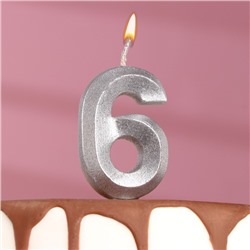 Свеча в торт "Грань", цифра "6", серебряный металлик, 6,5 см