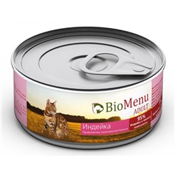 Консервы BioMenu ADULT для кошек, мясной паштет с индейкой 95%-мясо, 100 г.