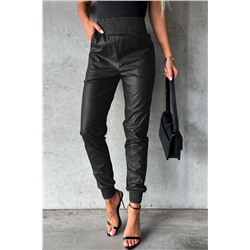 Black Smocked High-Waist Leather Skinny Pants