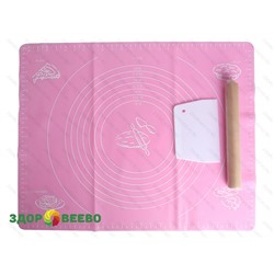 Силиконовый коврик для выпечки и раскатки теста, 40 х 50 см, розовый, в комплекте скалка и нож