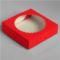 Коробка для пряников (печенья, зефира) алая / красная с окном, 115х115х30