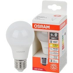 Лампа светодиодная OSRAM A (стандарт) 8,5Вт/9Вт Е27 806Лм 2700К,(груша)