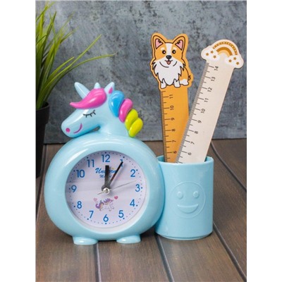 Часы-будильник с подставкой для канцелярии «Rainbow unicorn», blue (14х15 см)