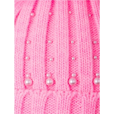 Шапка вязаная детская с помпоном, жемчуг россыпью + шарф с помпоном, ярко-розовый