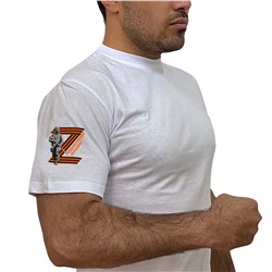 Белая футболка с георгиевским Z "Поддержим наших!", - термотрансфер на рукаве (тр. 31)
