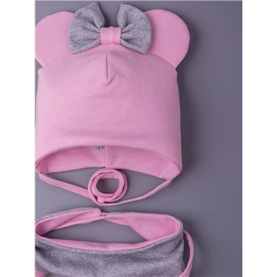 Шапка трикотажная для девочки с ушками на завязках, сверху бант + нагрудник, розовый