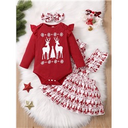 Детское рождественское боди с принтом лося и снежинки, юбка и ободок для волос