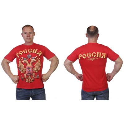 Красная футболка с гербом РФ, Россия – гостеприимная страна! №87*